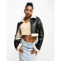 Pull & Bear faux leather cropped shearling detail jacket in black