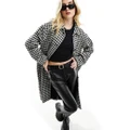 Monki single breasted overcoat in black and white houndstooth-Multi
