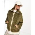 Brave Soul zip through borg jacket with contrast detail in khaki-Green