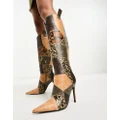 Daisy Street stiletto knee boots in tan patchwork-Multi