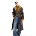 Reclaimed Vintage longline leather look trench coat with faux fur trims-Brown