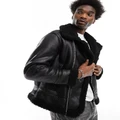 Pull & Bear faux leather aviator jacket with shearling lining in black