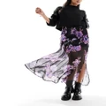 Y.A.S sheer maxi skirt in dark based oversized floral print-Black