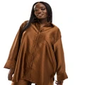 Y.A.S satin oversized pinstripe shirt in brown (part of a set)
