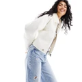 Pull & Bear faux leather shearling detail jacket with shiny finish in white