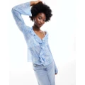 Monki front ruffle blouse in blue swirl print-Multi
