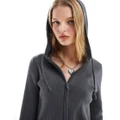 Monki knitted zip through cardigan with hood in dark grey melange