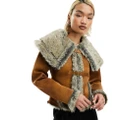 Reclaimed Vintage fitted faux suede jacket with faux fur trim and buckles-Brown