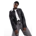 Monki faux leather two way zipper short bomber jacket in black