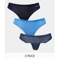Reebok Aggie 3 pack lingerie thongs in navy and blue mix