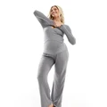 Hunkemoller Maternity brushed rib wrap front top and wide leg pants pyjama set in grey-Multi