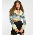 Reclaimed Vintage branded fair isle cropped cardigan with faux fur trim-Green