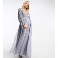 ASOS DESIGN Maternity embellished wrap front tulle skirt midaxi dress with floral detail in lilac-Purple