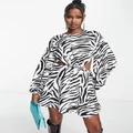 John Zack satin mini dress with cut out sides in zebra print-Multi