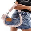 Miss Sixty mini denim handbag with pink faux fur details in light wash blue