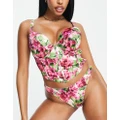 Pour Moi Fuller Bust Couture padded plunge satin corset in floral print-Multi