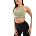 New Balance linear logo medium support sleek sports bra in olive green