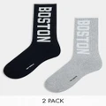 New Balance Boston logo crew socks 2 pack in black/grey-Multi