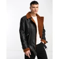 Muubaa belted leather aviator jacket in black with faux shearling collar and cuffs-Multi