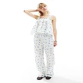 Glamorous tie waist wide leg relaxed pants in blue ditsy (part of a set)-White