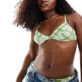 Daisy Street ruched cup underwired bikini top in green check (part of a set)