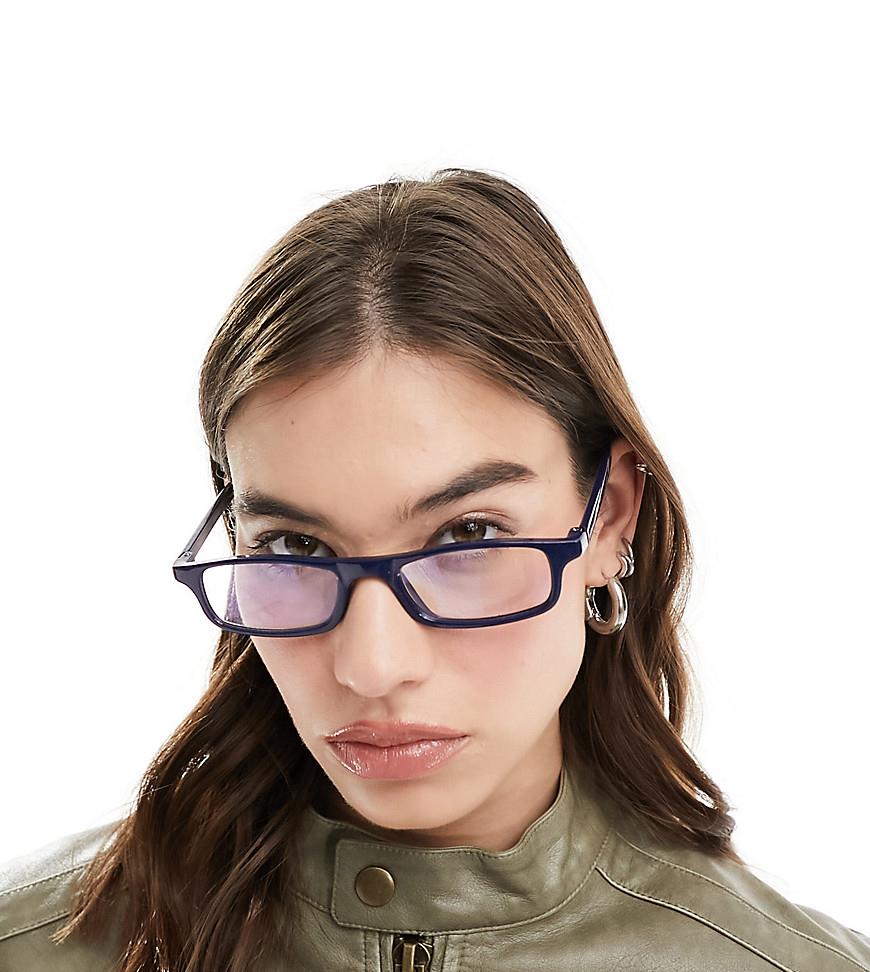 Reclaimed Vintage Y2K slim spectacles with blue light lens in blue