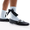 Monki ankle socks with black satin bow in dusty blue