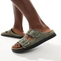 Pull & Bear double strap sandals with buckle detail and contrast stitch in khaki-Grey