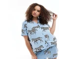 Chelsea Peers Curve zebra print v-neck short pyjama set in blue-Brown