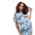 Chelsea Peers Curve zebra print v-neck short pyjama set in blue-Brown