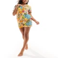 Chelsea Peers cotton short sleeve revere shirt and shorts pyjama set in fruit checkboard print-Multi