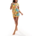 Chelsea Peers cotton short sleeve revere shirt and shorts pyjama set in fruit checkboard print-Multi