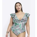 River Island Plus tropical print frill swimsuit in green