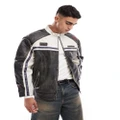 ASOS DESIGN real leather motocross jacket with badges in washed black