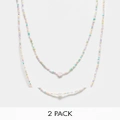 Pieces 2 pack small beaded necklaces with pearl detail in multi