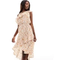AX Paris ruffle one shoulder tiered midi dress in cream and brown spot print-White