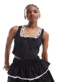 Daisy Street lace trim prairie style corset top in black (part of a set)