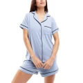 ASOS DESIGN super soft short sleeve shirt & shorts pyjama set with contrast piping in blue