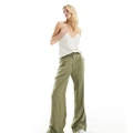 ASOS DESIGN Tall wide leg dad pants with linen in olive-Green