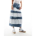 The Ragged Priest tiered maxi skirt in dirty wash denim with lace trim-Blue