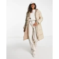 Pieces longline padded coat with hood in soft beige-Neutral