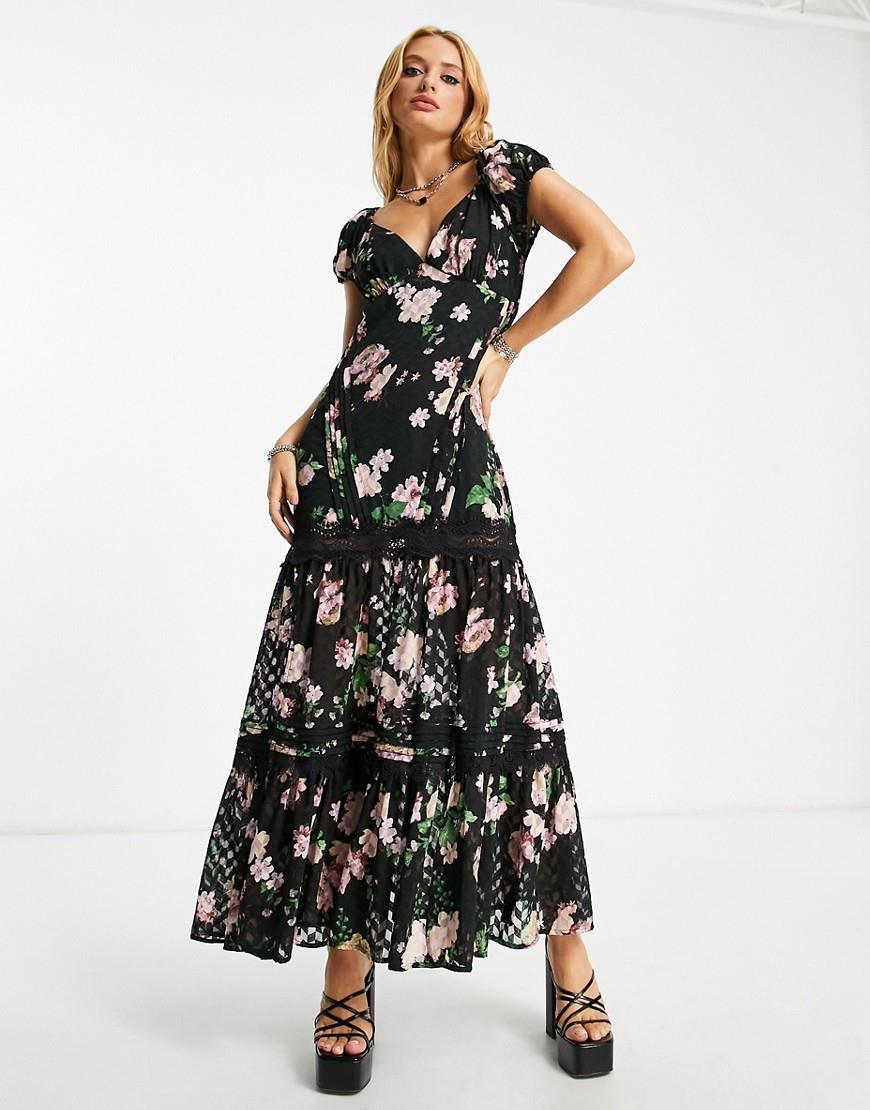 ASOS DESIGN pintuck maxi dress with lace inserts in black floral print-Multi