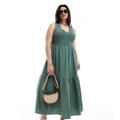 ASOS DESIGN Curve v-neck crinkle midi sundress with tiered skirt in khaki-Green