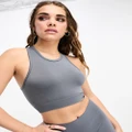 Pull & Bear seamless racer neck cropped top in charcoal (part of a set)-Grey