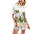 Chelsea Peers satin short sleeve revere and shorts set in parrot jungle print-White