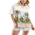 Chelsea Peers satin short sleeve revere and shorts set in parrot jungle print-White