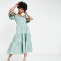 ASOS DESIGN Tall shirred puff sleeve tiered prom midi dress in frosty sage-Green