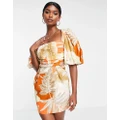 ASOS DESIGN exaggerated blouson sleeve mini dress with wrap waist in tropical palm print-Multi