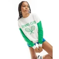 Pieces Sport Core 'Tennis Club' front print colour block sweatshirt in green and white