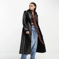 Reclaimed Vintage longline faux leather trench coat in black with shearling trims